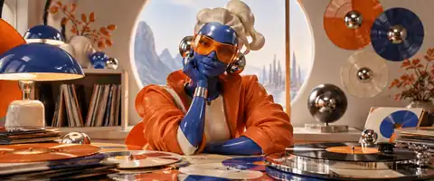 Original ceramic music curator with a peach visor and orange jacket