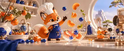 Original orange fox chef in an imaginary cobalt kitchen
