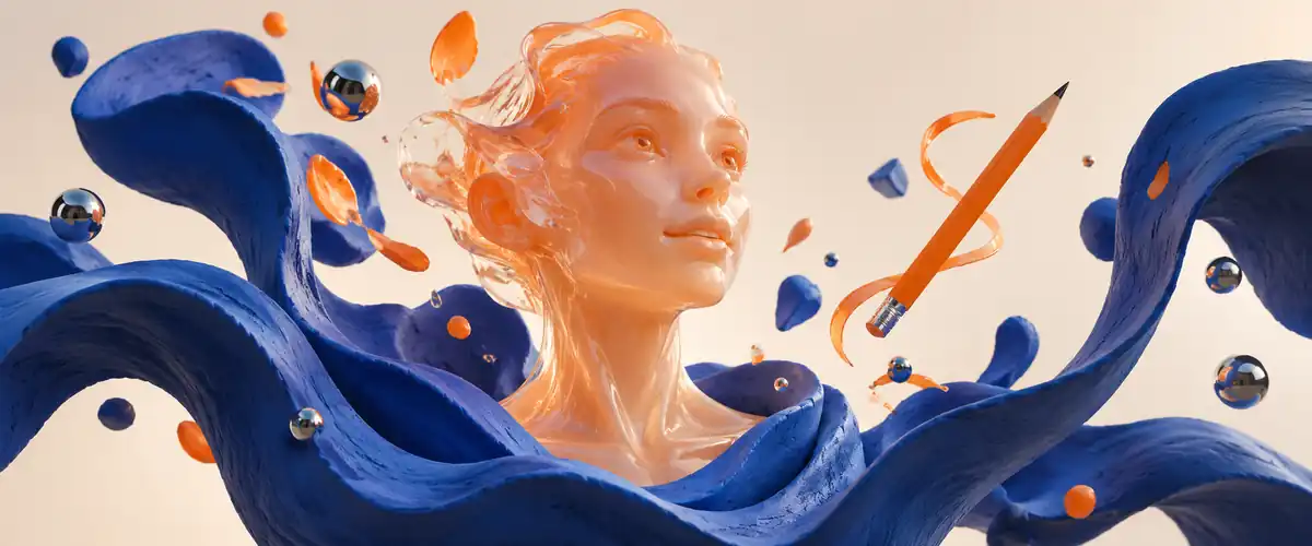 An original character emerging from sculptural ribbons