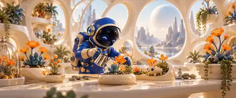 Original cobalt astronaut tending fantastic orange flowers