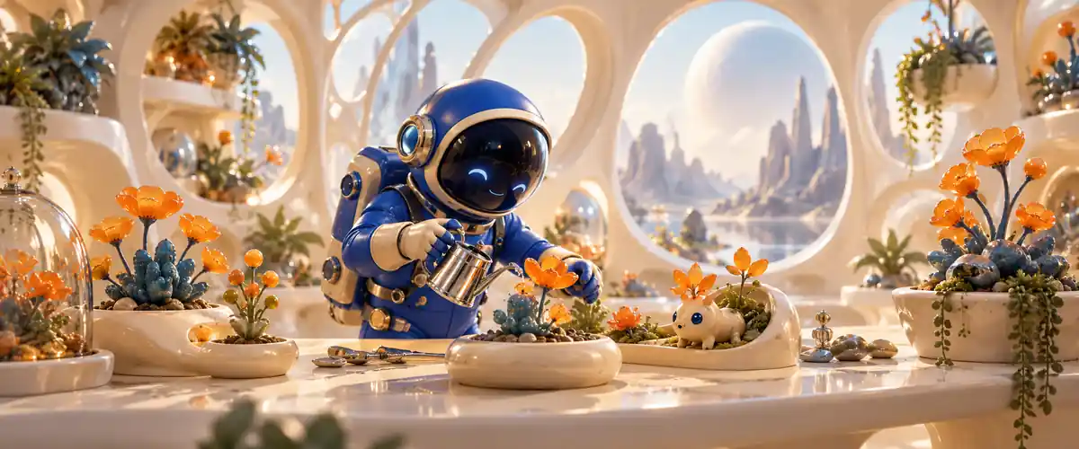 An original astronaut tending an imaginary garden