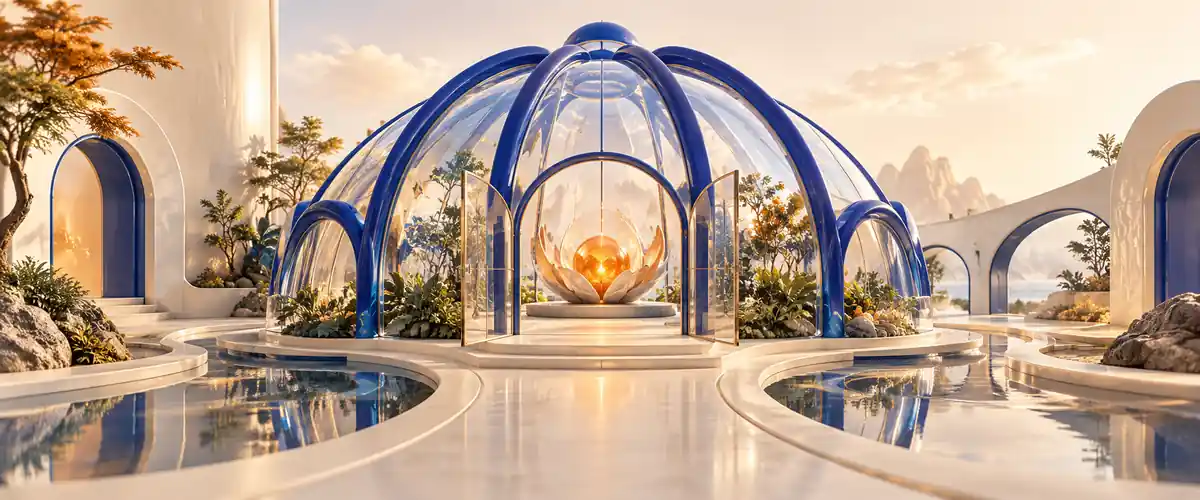 A sculptural greenhouse protecting an orange seed